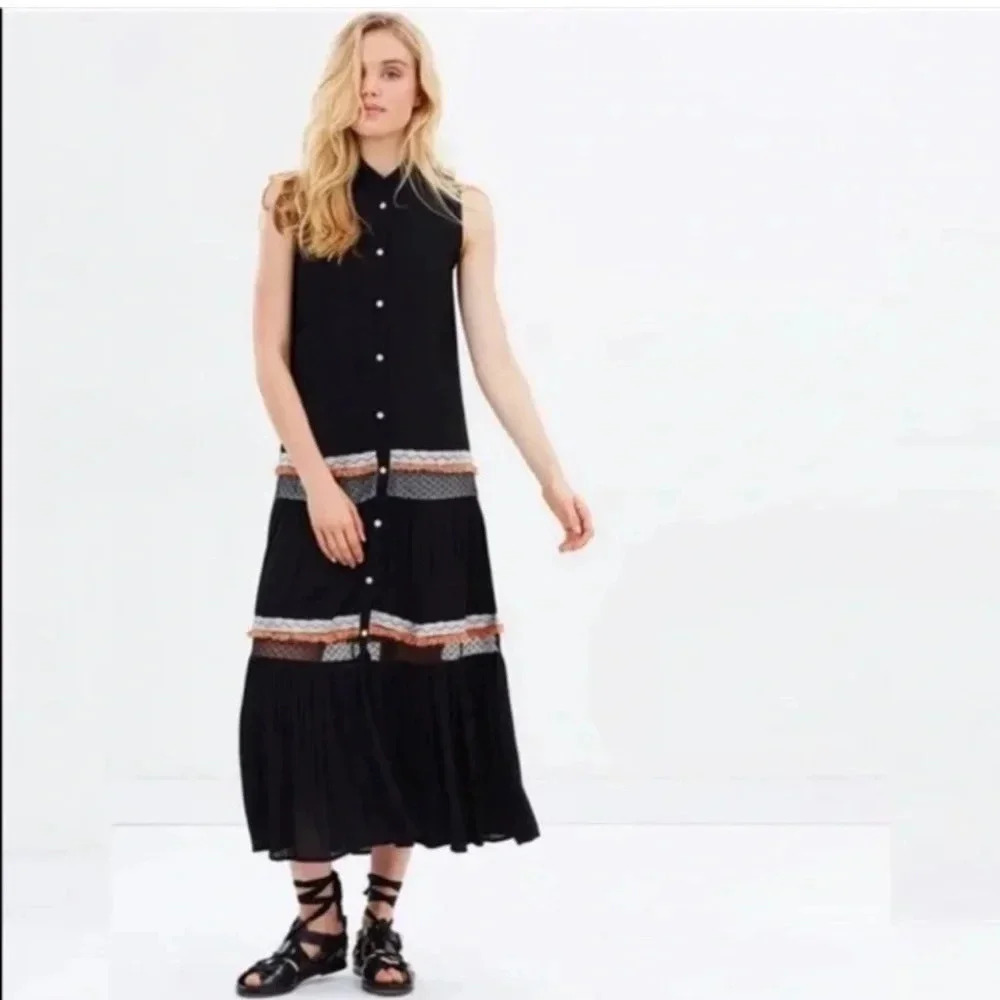 Nwt! Solito Tiered Folk Dress Black W/ Fringe Boho Hippie Festival Maxi
